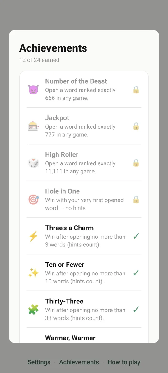 Achievements list: 12 of 24 earned