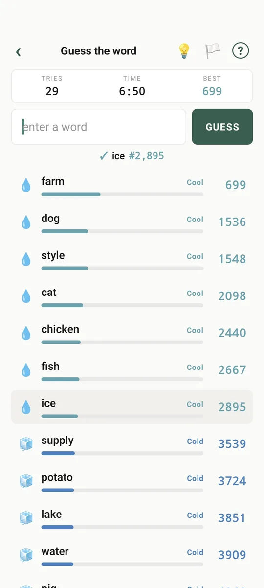 A round in progress: every guess with its rank, from cool to cold