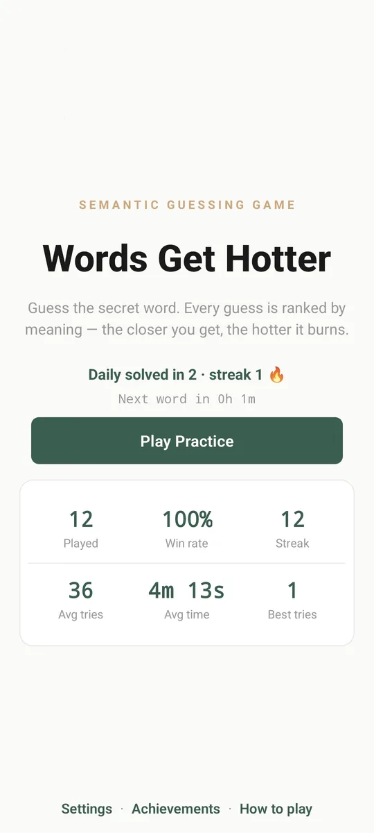 Home screen: today's word solved, practice button and your stats