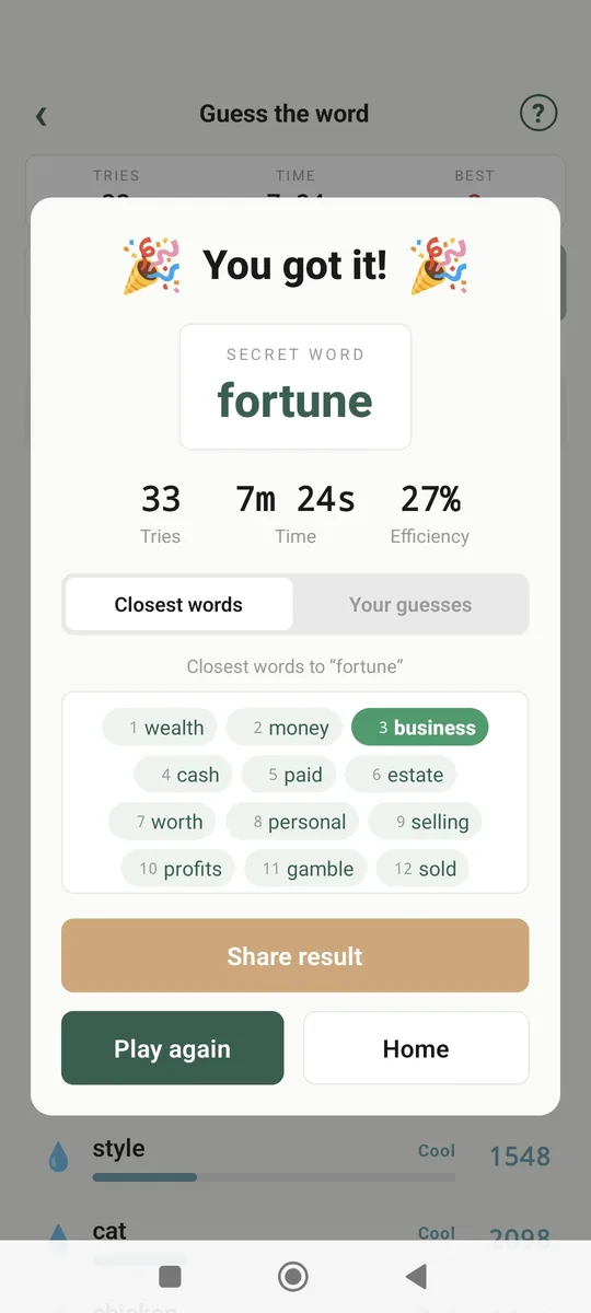 Win screen: the secret word, your tries and time, the closest words